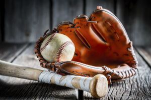 baseball bat, glove and ball