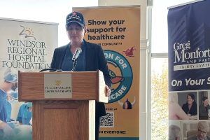 Joanna Sweet of Greg Monforton & Partners, presenting at the 16th annual Hats on for Healthcare for Windsor Hospital